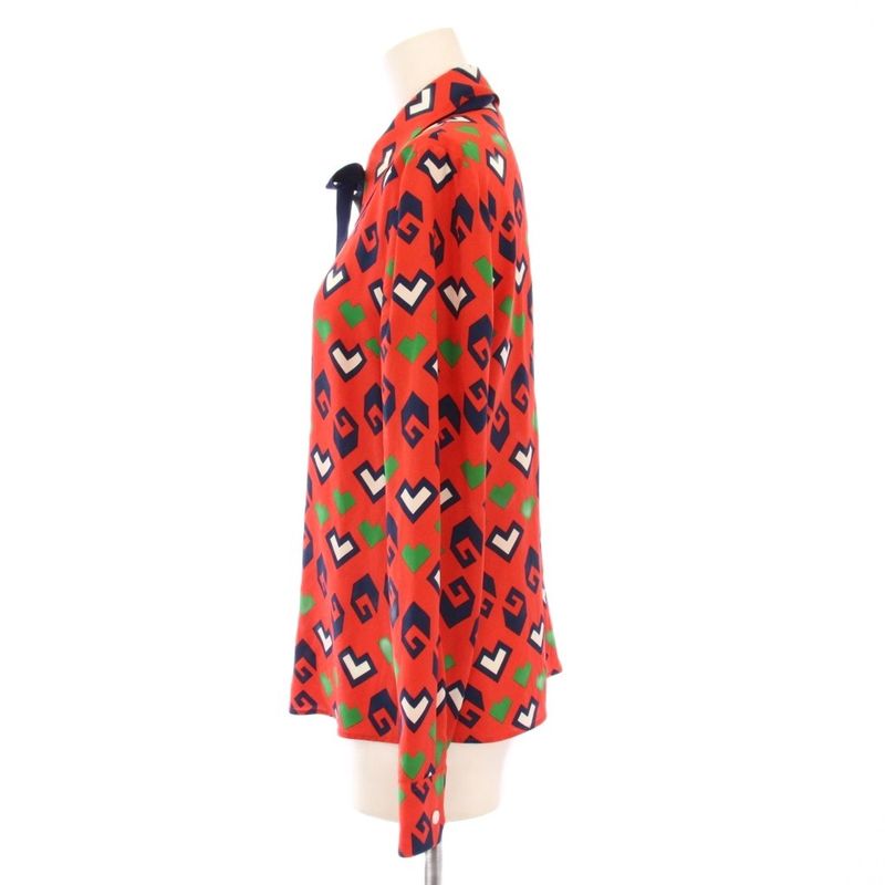 Gucci Printed Tie Neck Silk Blouse Shirt Long Sleeve 36 Red 741337 KH