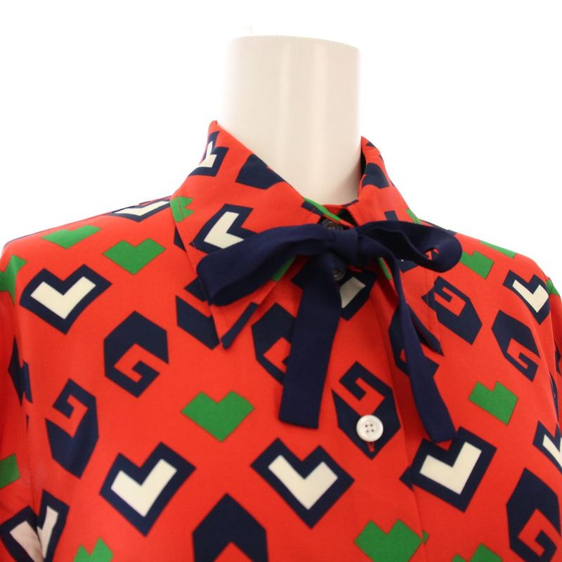 Gucci Printed Tie Neck Silk Blouse Shirt Long Sleeve 36 Red 741337 KH
