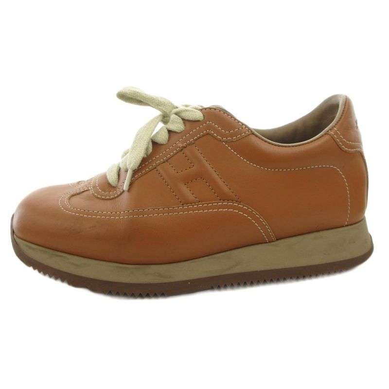 Hermes Quick H Logo Leather Sneakers Shoes Low Cut Stitch 35 Brown Ff • Gy19