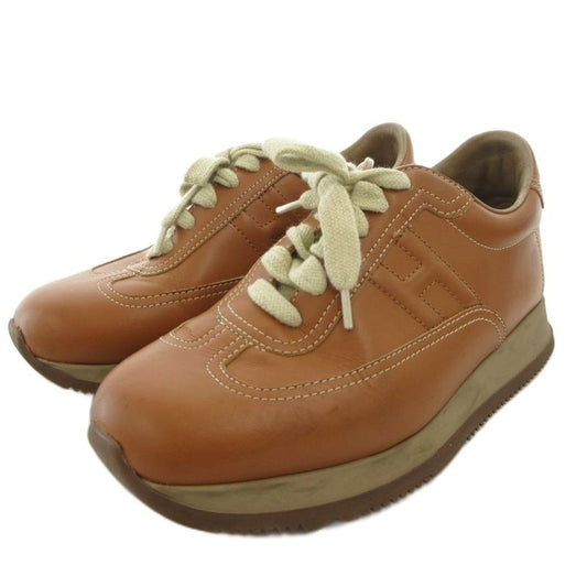 Hermes Quick H Logo Leather Sneakers Shoes Low Cut Stitch 35 Brown Ff • Gy19