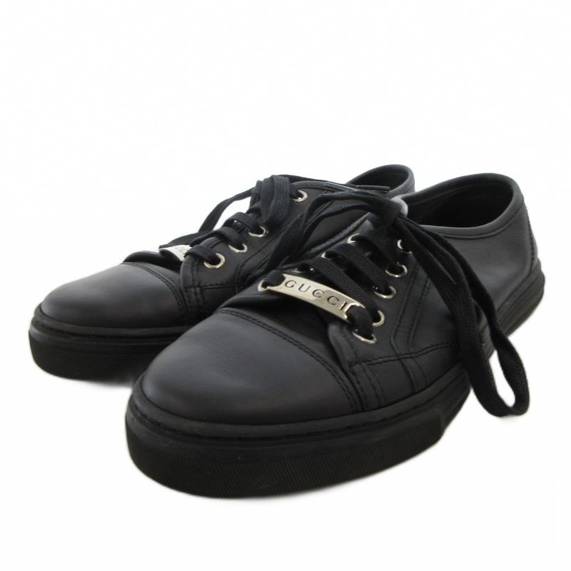 Gucci Sneakers Shoes Leather Low Cut Logo Plate 35 Black Ff • Gy19