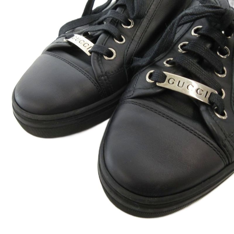Gucci Sneakers Shoes Leather Low Cut Logo Plate 35 Black Ff • Gy19