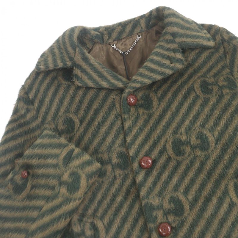 Gucci 639261 Llama Wool GG Stripe Covered Button Long Chester Coat Green 48