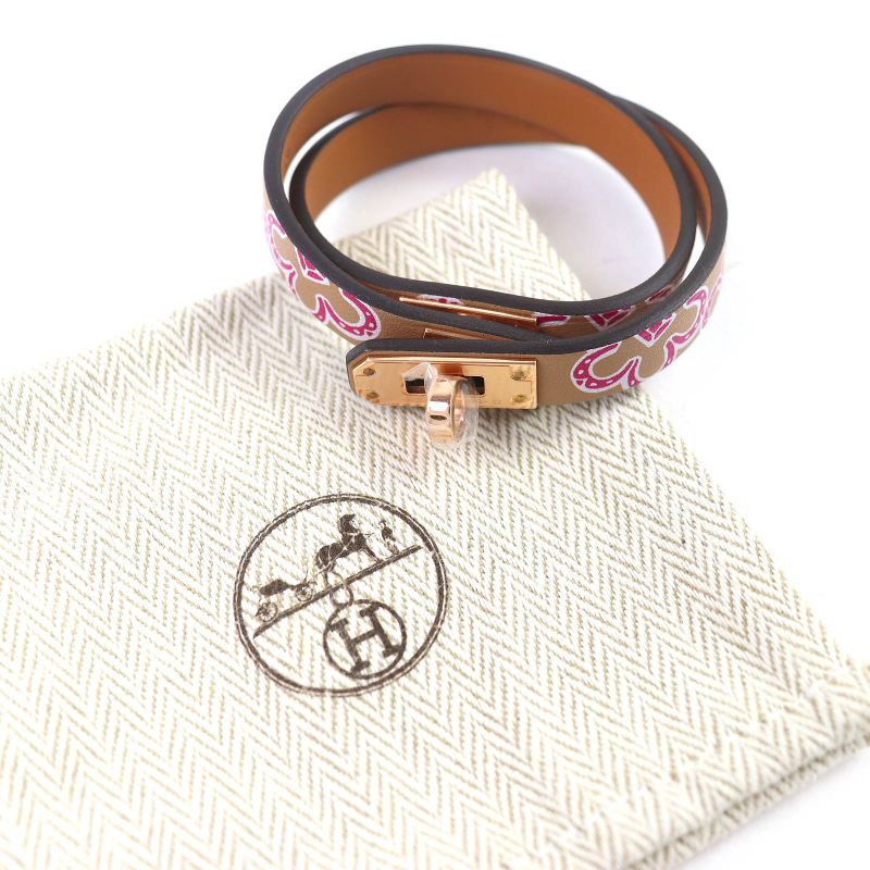 Hermes Mini Kelly Double Tour Lucky Daisy Leather Bracelet Brown W Engraved