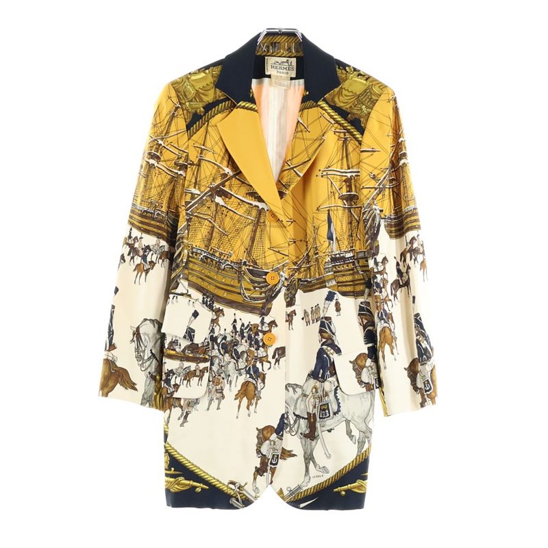 Hermes Allover Print Silk 3B Tailored Jacket Yellow Beige 702019dc