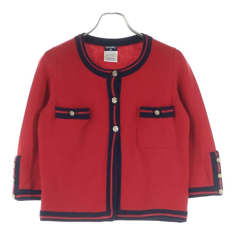 Chanel Coco Mark Button Cashmere Knit Collarless Jacket Cardigan Red Women's