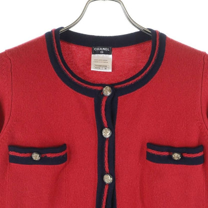Chanel Coco Mark Button Cashmere Knit Collarless Jacket Cardigan Red Women's
