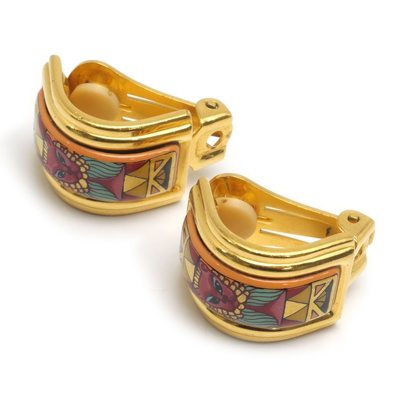 Hermes Enamel Earring Plated Animal Cat