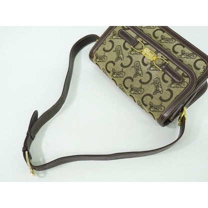 Celine C Sulky Carriage Hardware Shoulder Bag Canvas Leather Beige