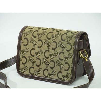 Celine C Sulky Carriage Hardware Shoulder Bag Canvas Leather Beige