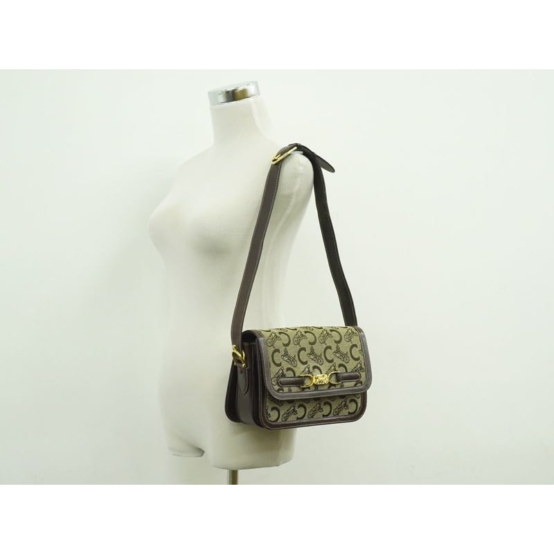 Celine C Sulky Carriage Hardware Shoulder Bag Canvas Leather Beige