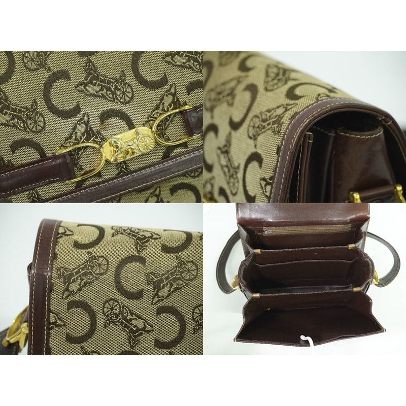 Celine C Sulky Carriage Hardware Shoulder Bag Canvas Leather Beige
