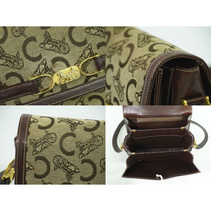 Celine C Sulky Carriage Hardware Shoulder Bag Canvas Leather Beige