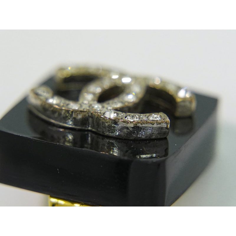 Chanel Coco Mark Rhinestone Earrings Plastic GP Gold Plated Black