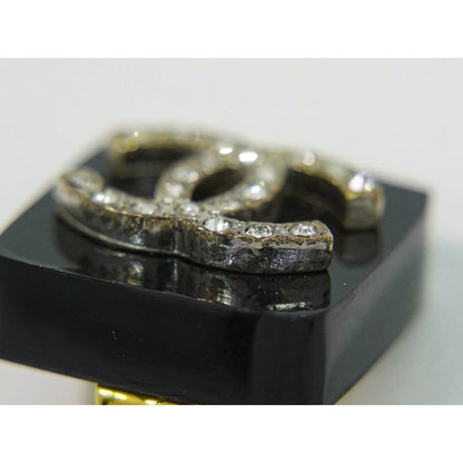 Chanel Coco Mark Rhinestone Earrings Plastic GP Gold Plated Black