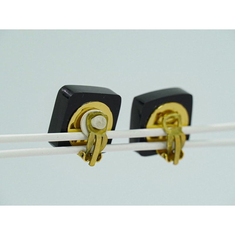 Chanel Coco Mark Rhinestone Earrings Plastic GP Gold Plated Black
