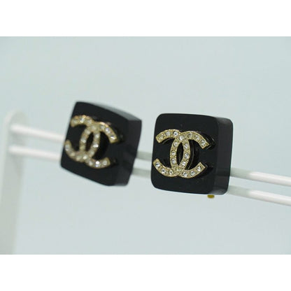 Chanel Coco Mark Rhinestone Earrings Plastic GP Gold Plated Black