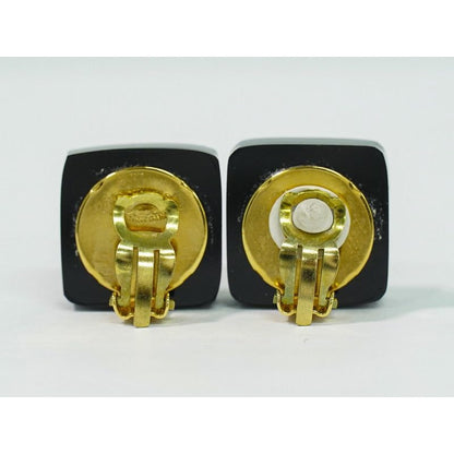 Chanel Coco Mark Rhinestone Earrings Plastic GP Gold Plated Black