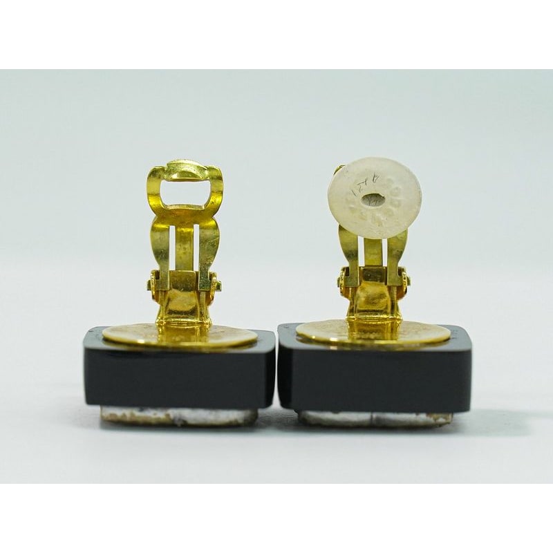 Chanel Coco Mark Rhinestone Earrings Plastic GP Gold Plated Black