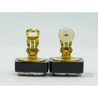 Chanel Coco Mark Rhinestone Earrings Plastic GP Gold Plated Black