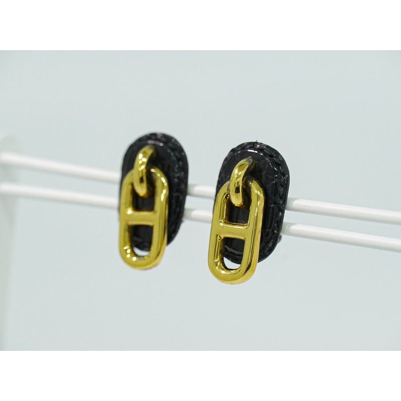Hermes Chaine D'ancre Earrings GP Gold Plated Leather Black Accessories