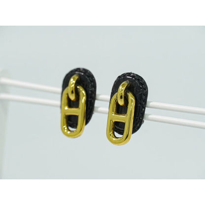 Hermes Chaine D'ancre Earrings GP Gold Plated Leather Black Accessories