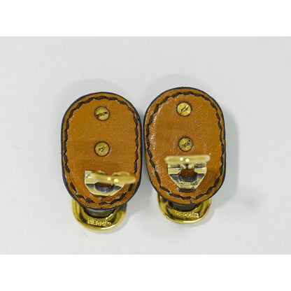 Hermes Chaine D'ancre Earrings GP Gold Plated Leather Black Accessories