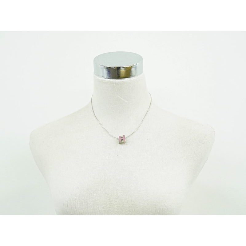 Hermes H Cube Necklace Pendant Metal Silver Hardware Pink Accessories