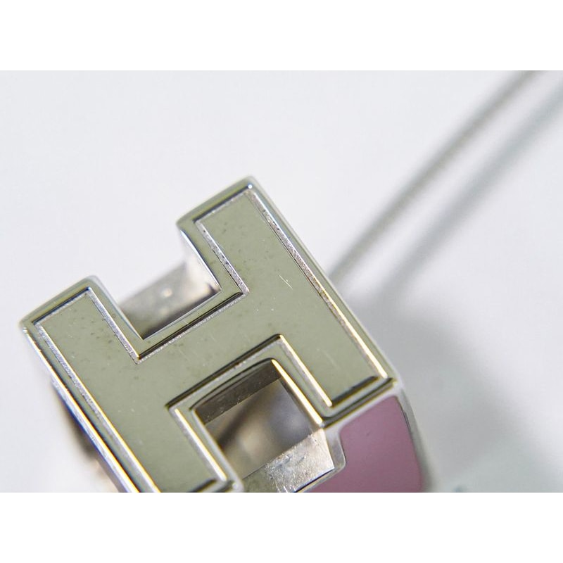 Hermes H Cube Necklace Pendant Metal Silver Hardware Pink Accessories