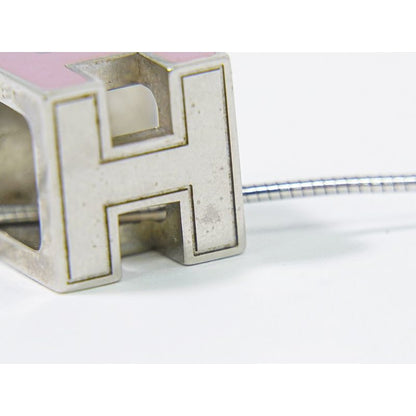 Hermes H Cube Necklace Pendant Metal Silver Hardware Pink Accessories