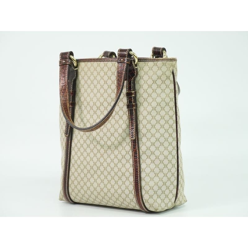 Celine Macadam Tote Bag Handbag Canvas Leather Beige Brown