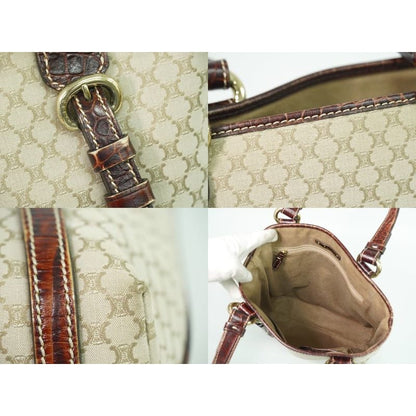 Celine Macadam Tote Bag Handbag Canvas Leather Beige Brown