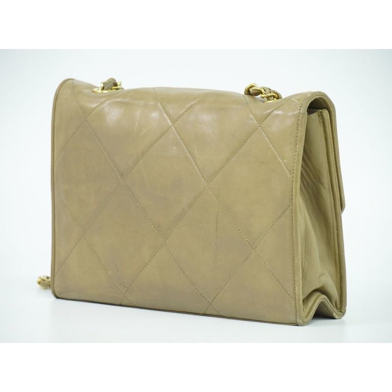 Chanel Chanel Quilted Chain Shoulder Bag Lambskin Leather Beige
