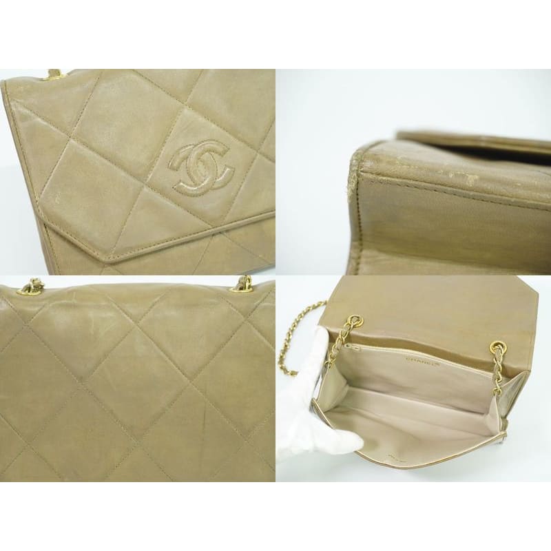 Chanel Chanel Quilted Chain Shoulder Bag Lambskin Leather Beige