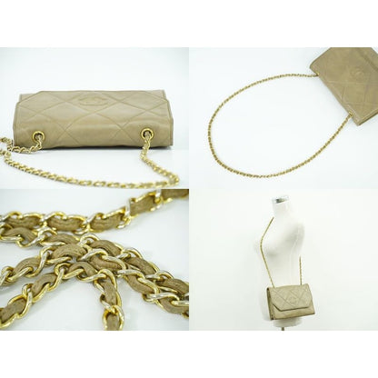 Chanel Chanel Quilted Chain Shoulder Bag Lambskin Leather Beige