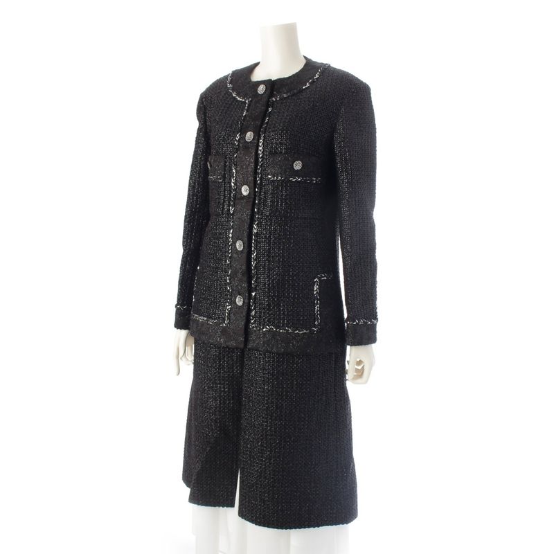 Chanel 22AW Tweed Coco Button No Collar Jacket Coat P73114 Black 36