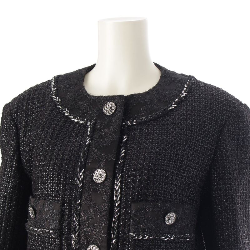 Chanel 22AW Tweed Coco Button No Collar Jacket Coat P73114 Black 36
