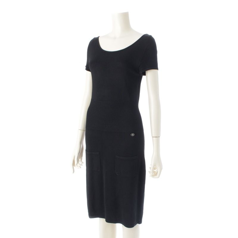 Chanel Coco Mark Viscose Short Sleeve Dress P37944 Black 36