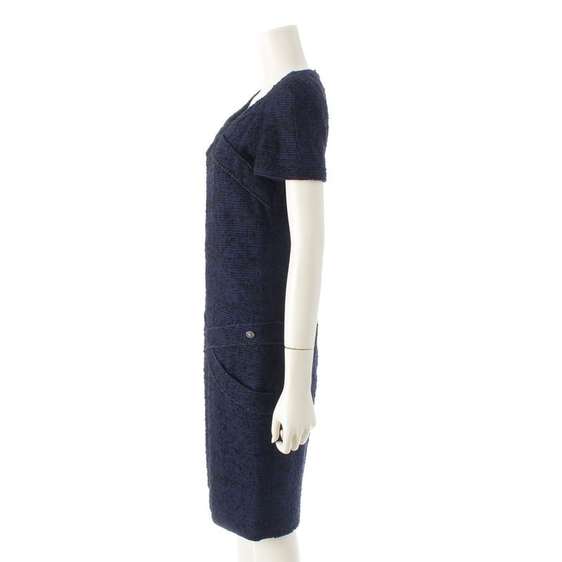 Chanel Alpaca Wool Coco Mark Short Sleeve Tweed Dress P44360 Blue 36