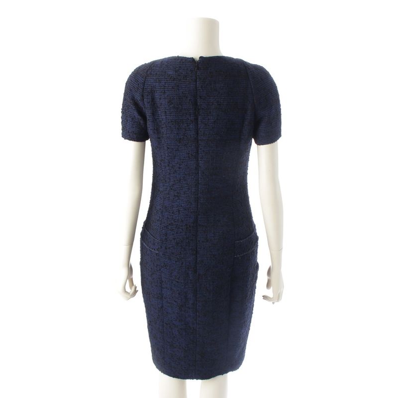 Chanel Alpaca Wool Coco Mark Short Sleeve Tweed Dress P44360 Blue 36