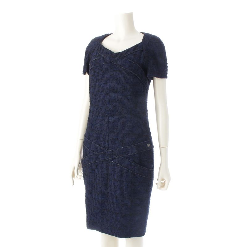 Chanel Alpaca Wool Coco Mark Short Sleeve Tweed Dress P44360 Blue 36