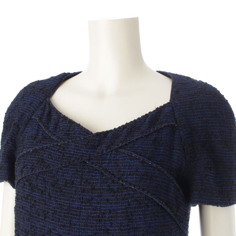 Chanel Alpaca Wool Coco Mark Short Sleeve Tweed Dress P44360 Blue 36