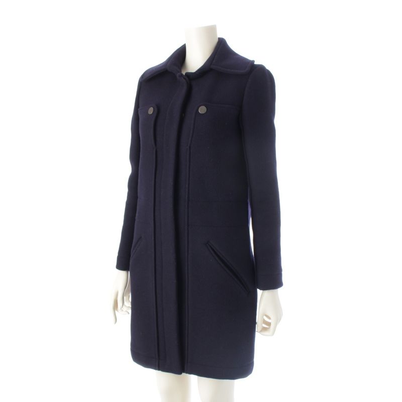 Chanel Wool Angora Coco Mark Long Stainless Steel Collar Coat P42157 Navy 34