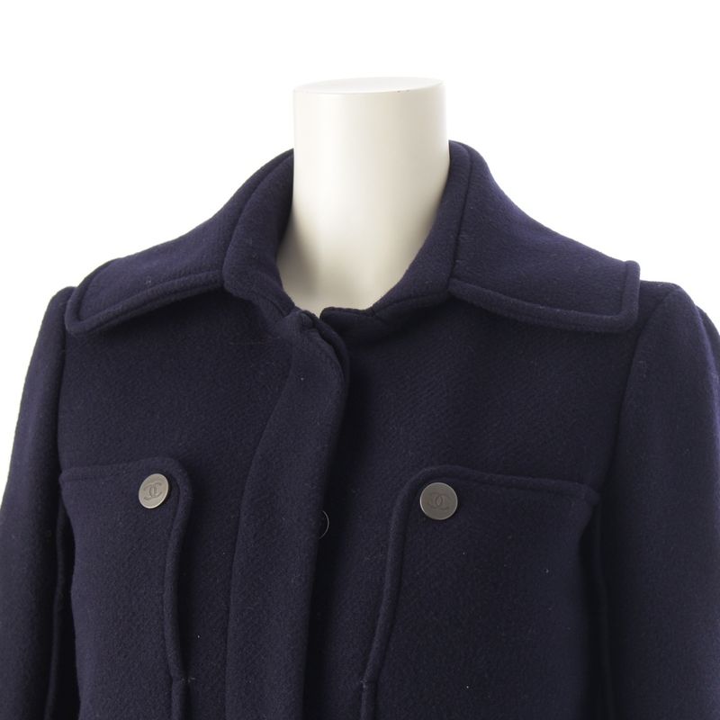 Chanel Wool Angora Coco Mark Long Stainless Steel Collar Coat P42157 Navy 34