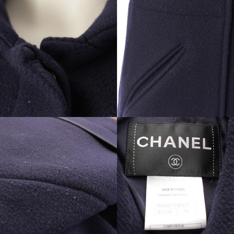 Chanel Wool Angora Coco Mark Long Stainless Steel Collar Coat P42157 Navy 34
