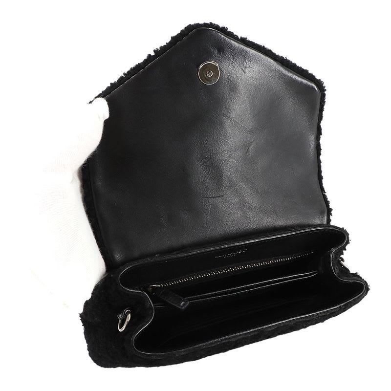 Saint Laurent Shoulder Bag Shearling Leather Black Silver Hardware