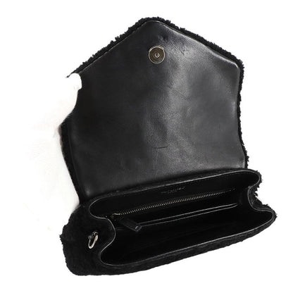 Saint Laurent Shoulder Bag Shearling Leather Black Silver Hardware