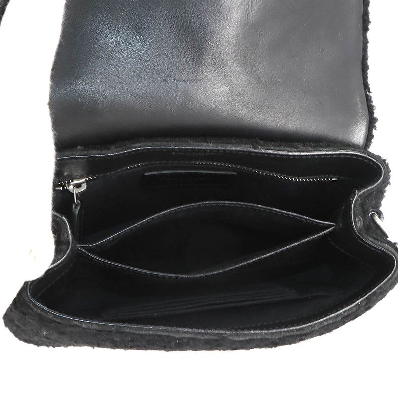 Saint Laurent Shoulder Bag Shearling Leather Black Silver Hardware