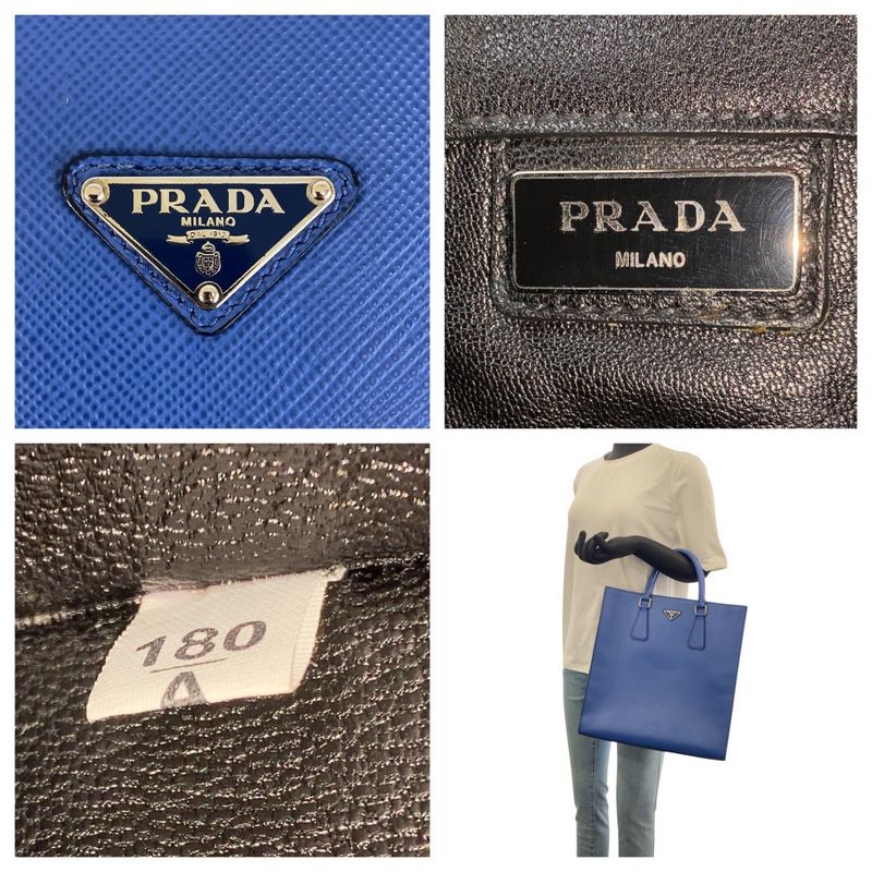 Prada Saffiano Triangle Logo Plate Blue Silver Hardware Leather Tote Bag