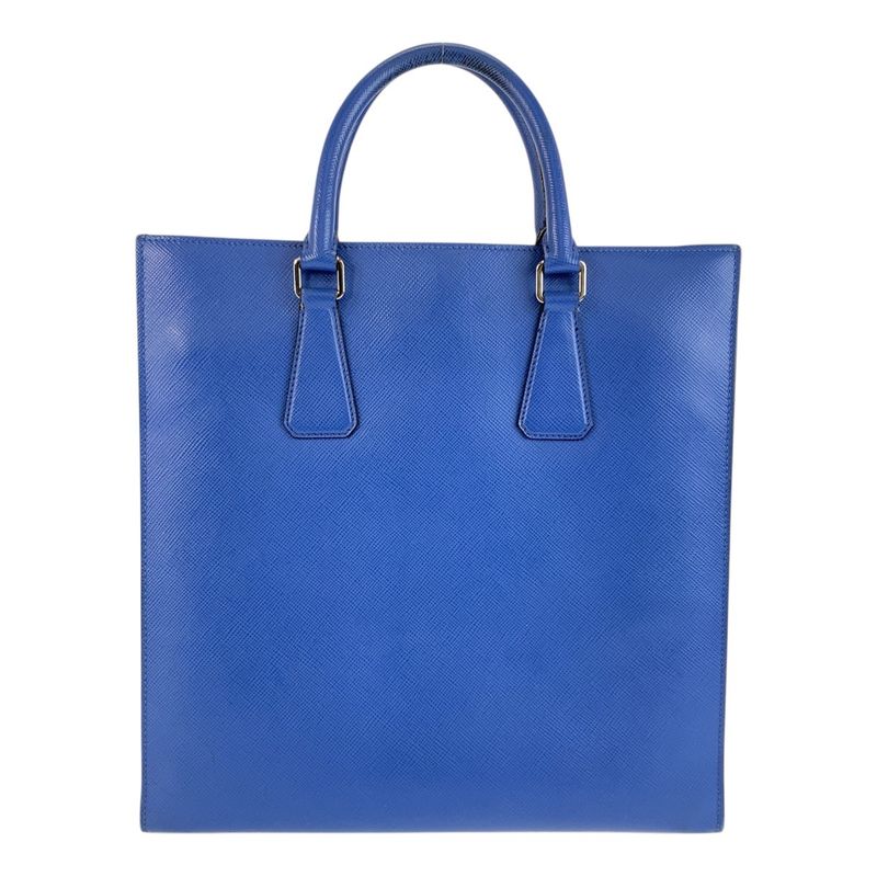 Prada Saffiano Triangle Logo Plate Blue Silver Hardware Leather Tote Bag